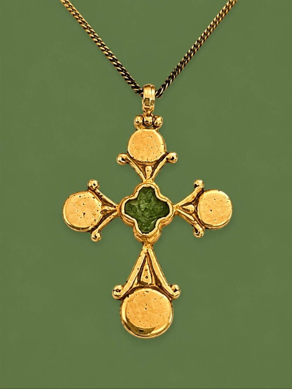 ALVA MUSEUM Greek Stylized Green Enamel Cross Pendant Necklace